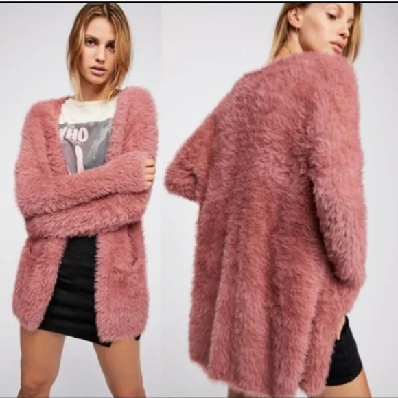 🐰 Free People Fuzzy Open Front Cardigan - Pink - Picture 1 of 15